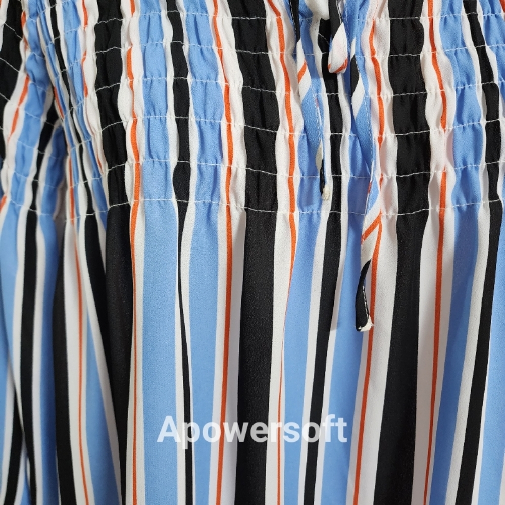 A.N.A Blue Black Orange White Striped Peasant Top with Peasant Sleeves - Picture 5 of 7